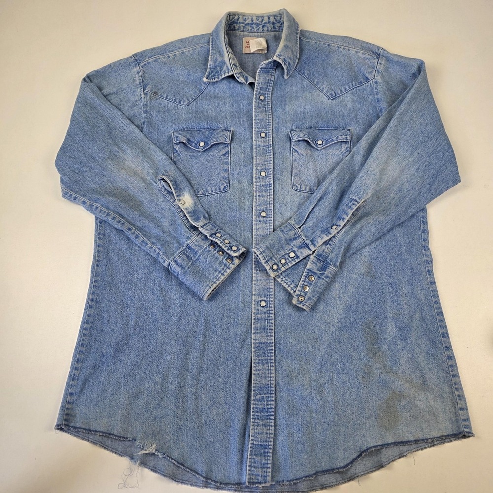 VTG Saddle King Western Shirt Mens XL Blue Denim Pearl Snap Long Sleeve Cowboy
